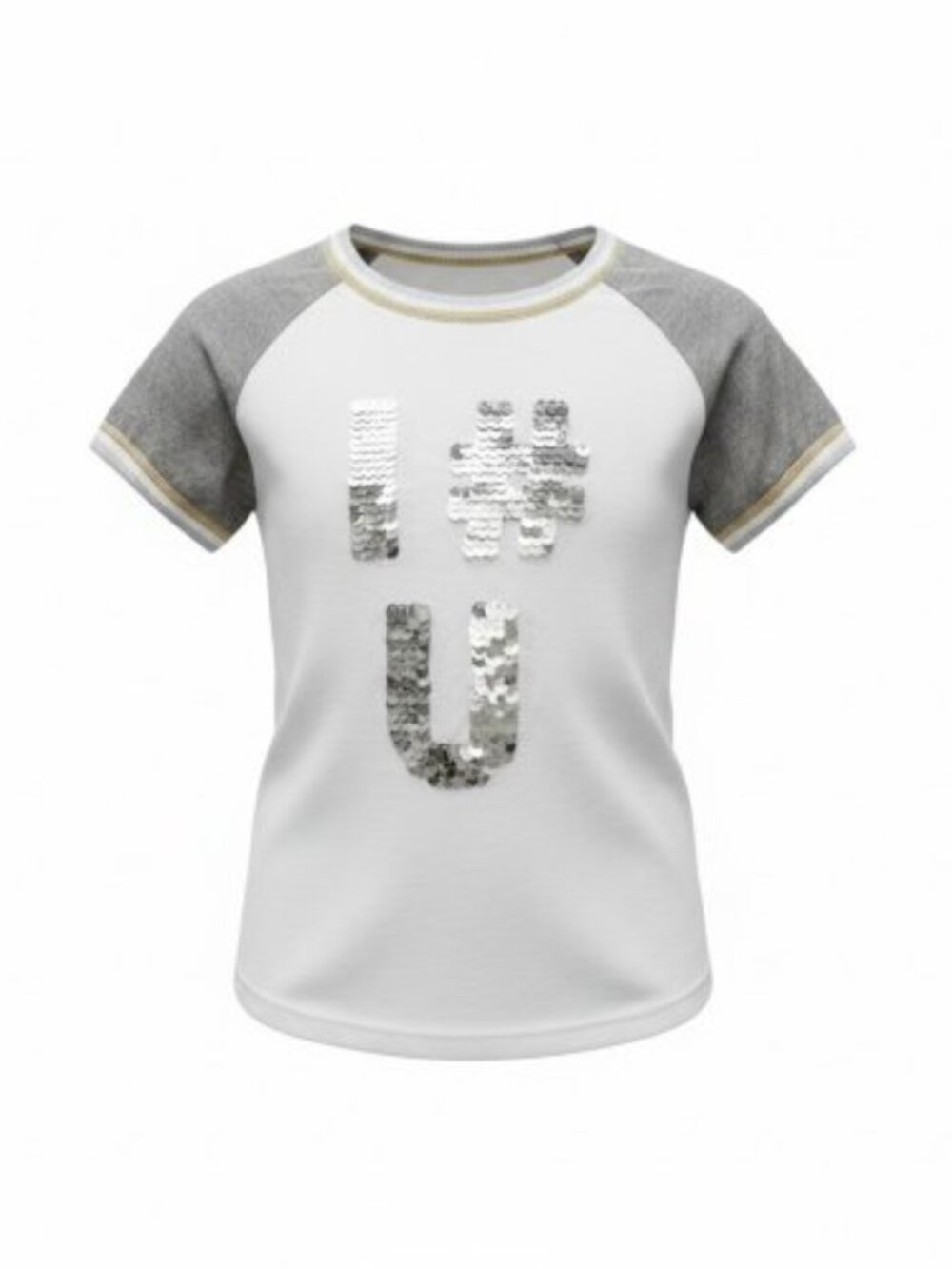 KIDPIK White and Gray Sequined I # U Raglan Short Sleeve Top Girls Size 5-6